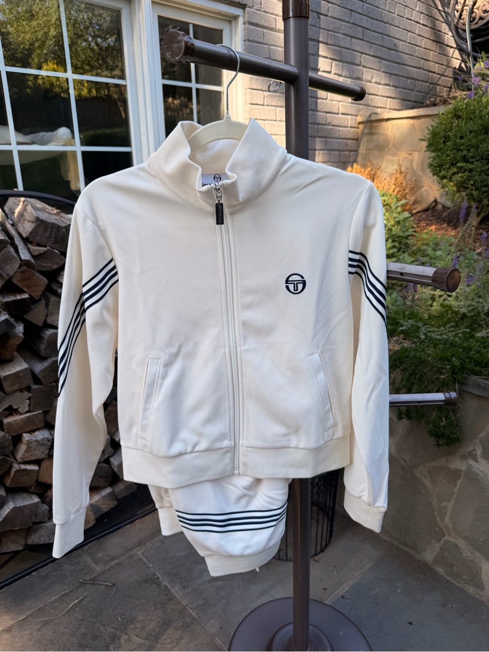 Sergio Tacchini Cream Track Set with Navy Stripe Accents